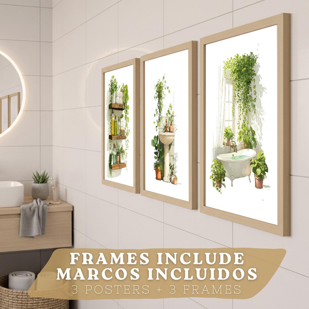 POSTER 3er-Set dekorative Badezimmerbilder, Wanddeko, im botanischen Stil, für Toilette, grüne Pflanzen Leichter Holzrahmen A3 - Beige, Papier (42/29.7/3cm) - Nacnic
