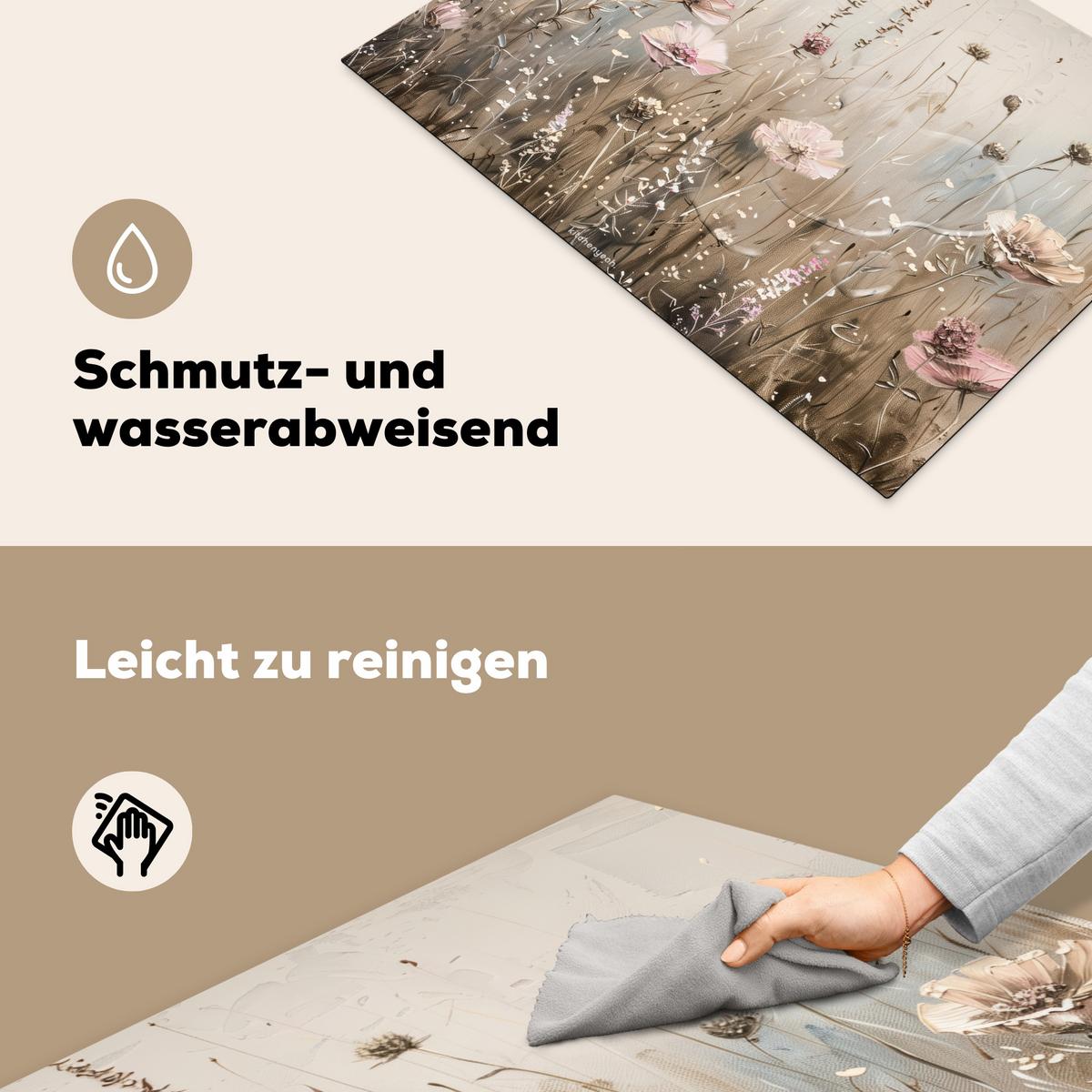 HERDABDECKPLATTE Blumen - Beige - Trockenblumen Herdabdeckung Induktionsfeld 75x52 cm - Beige, Kunststoff (75/52/0.2cm) - MuchoWow