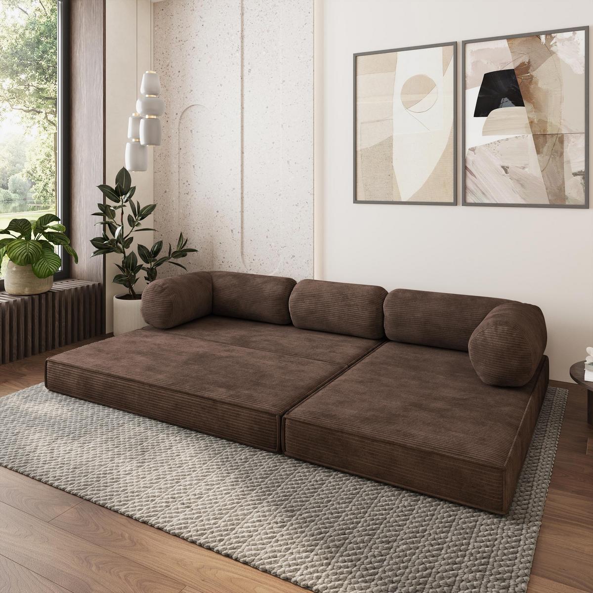 ECKSOFA ETERA modulares Boneless Sofa mit Schlaffunktion Braun Kordstoff - Braun, Textil (270/160cm) - MASSENO