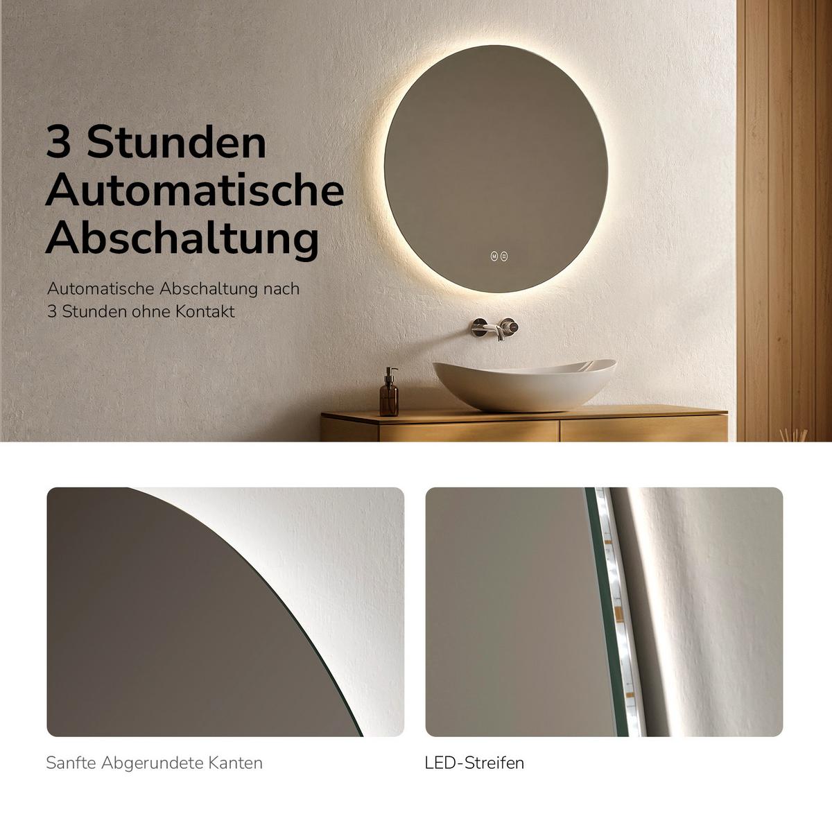 BADSPIEGEL Rund mit Beleuchtung Rahmenlos, 3 Lichtfarben, Ø 80 cm - Transparent, Glas (80/80/3cm) - EMKE