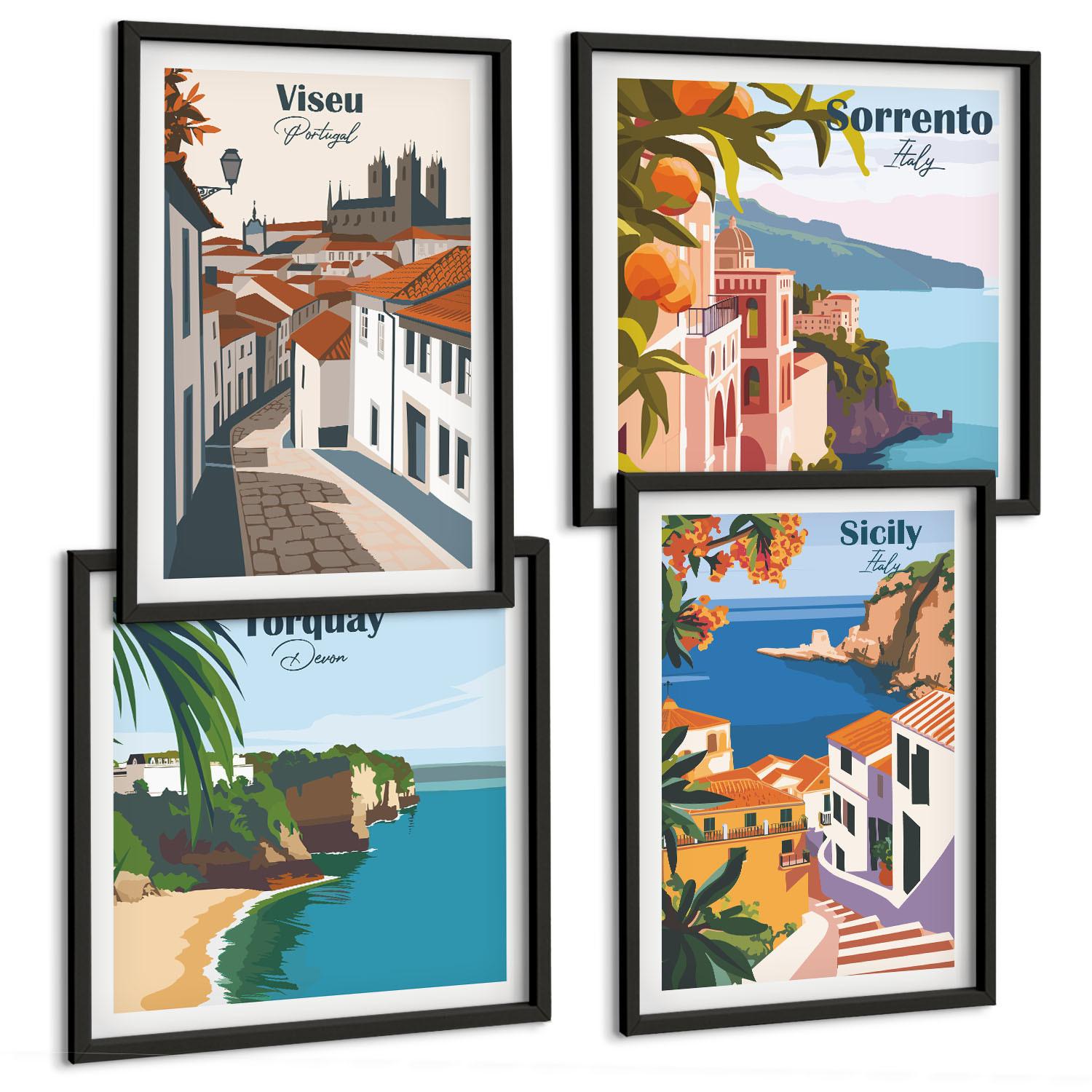 BILDER SET 4er Set - 50x50 cm & 40x60 cm Schwarzer Rahmen - Retro-Illustrationen von Weltstädten - Schwarz, Kunststoff (50/50cm) - TULUP