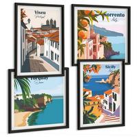 BILDER SET 4er Set - 50x50 cm & 40x60 cm Schwarzer Rahmen - Retro-Illustrationen von Weltstädten - Schwarz, Kunststoff (50/50cm) - TULUP