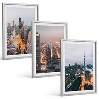 BILDER SET 3er Set - 40x60 cm Silberner Rahmen - Städte bei Nacht, Wolkenkratzer, Lichter - Silberfarben, Kunststoff (40/60cm) - TULUP