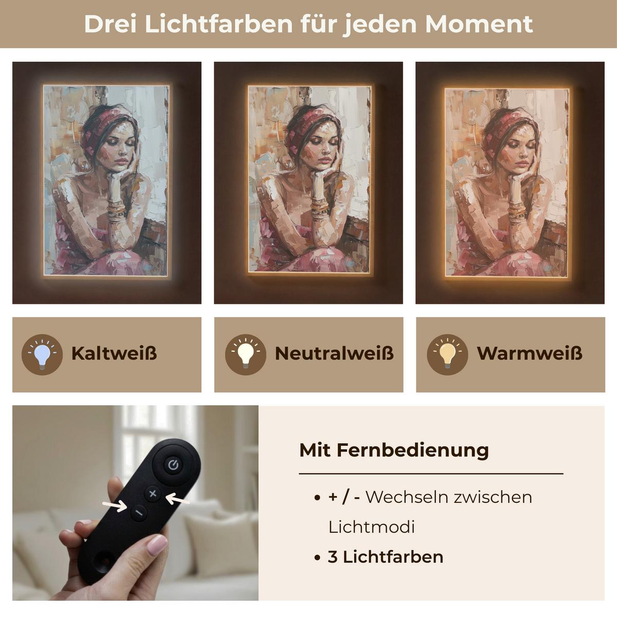 WANDLEUCHTE MIT AKKU Frau - Lackierung - Porträt - Modern 60x90 cm - Braun, Holzwerkstoff (60/90/8cm) - OnlyWow