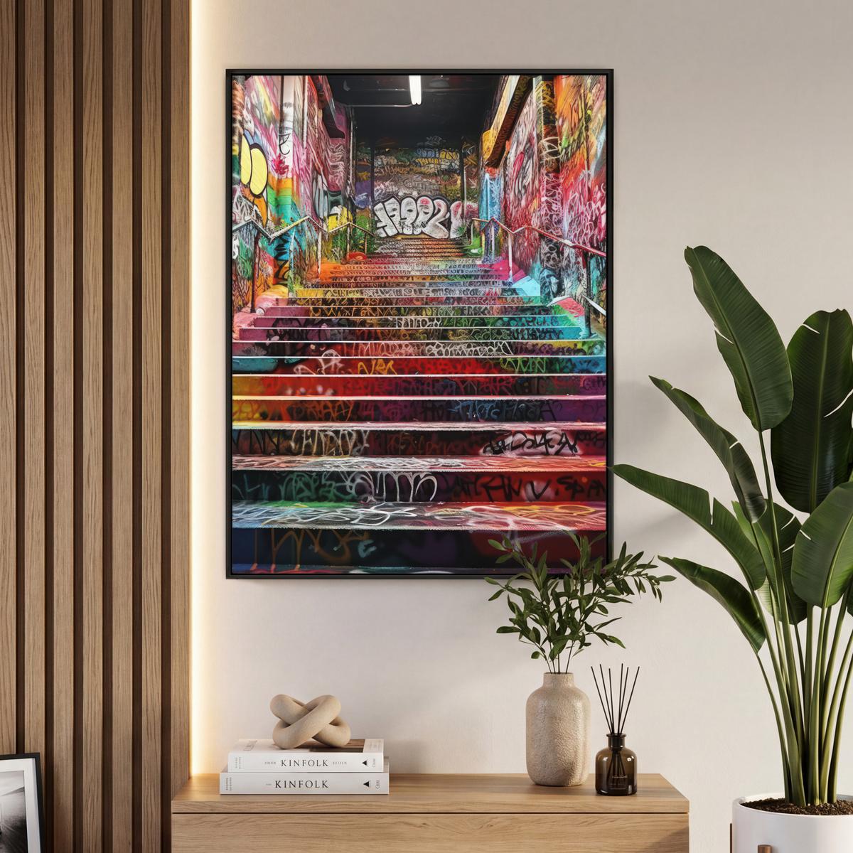 LEINWAND Bilder mit Rahmen - Treppe - Graffiti - Farben - Kunst - 70x100 - Multicolor, Textil (70/100cm) - MuchoWow
