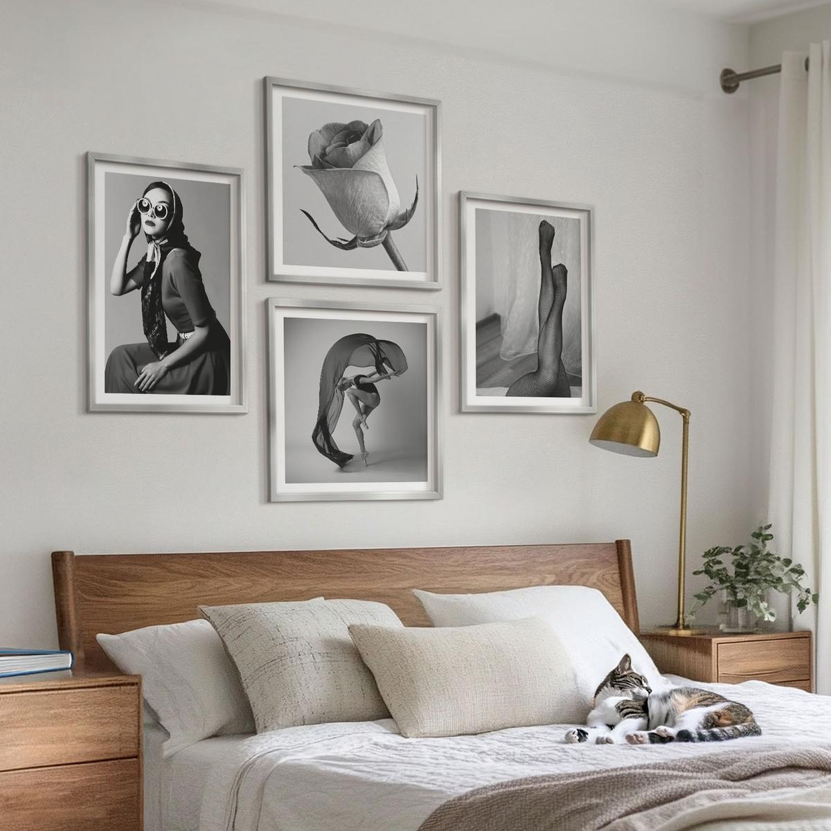 BILDER SET 4er Set - 50x50 cm & 40x60 cm Silberner Rahmen - Stilvolle Porträts eleganter Frauen - Silberfarben, Kunststoff (50/50cm) - TULUP