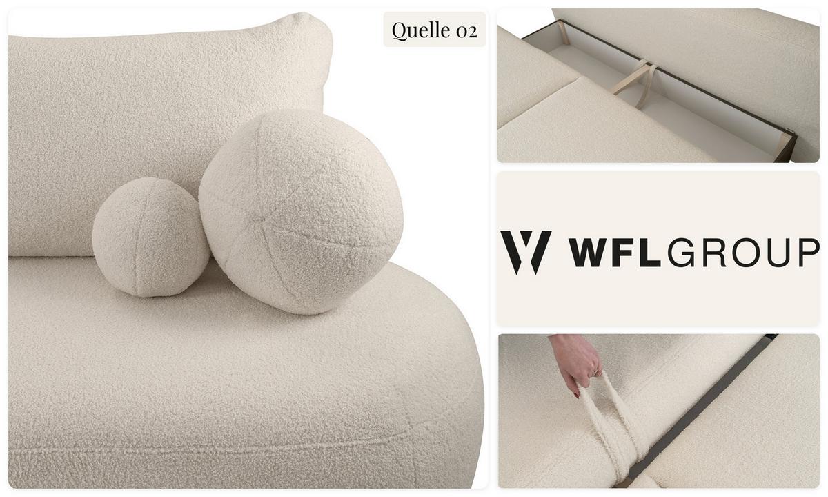 SCHLAFSOFA Bolla 3-Sitzer mit Bettkasten, Creme Boucle 240/90/90 cm - Creme/Schwarz, Kunststoff/Textil (240/90/90cm) - WFL GROUP
