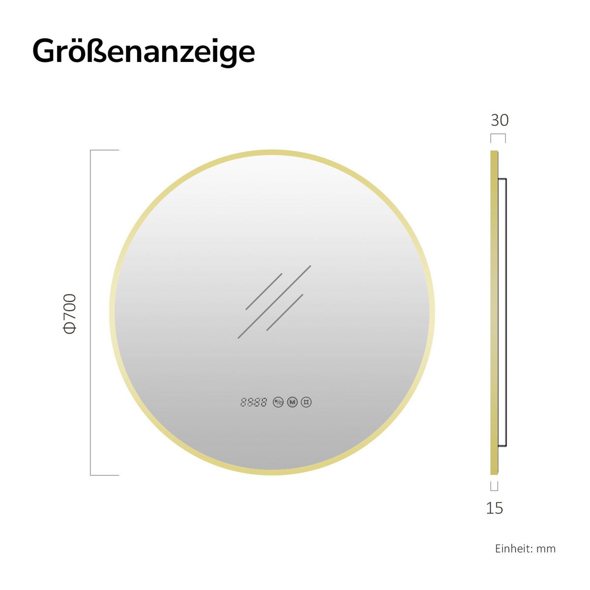 BADSPIEGEL mit LED-Beleuchtung, Anti-Beschlag-Funktion und Uhrzeitanzeige Goldfarben Ø 70 cm - Goldfarben, Glas (70/70/3.3cm) - EMKE