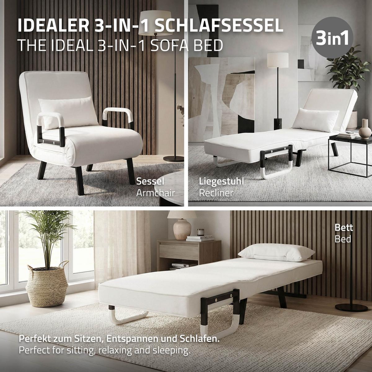 SCHLAFSESSEL mit Bettfunktion Weiß 186x60 cm Bettsessel klappbar mit Stahlrahmen & Chenille - Schwarz/Weiß, Textil/Metall (65/82/87cm) - ML-DESIGN