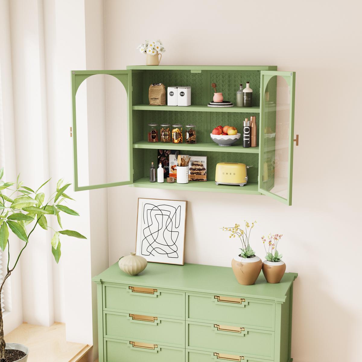 WANDSCHRANK Metall & Glas 2 Türen mit 3 Ebenen & Webmuster Grün 70cm - Grün, Metall (70/60/23cm) - Urban Meuble