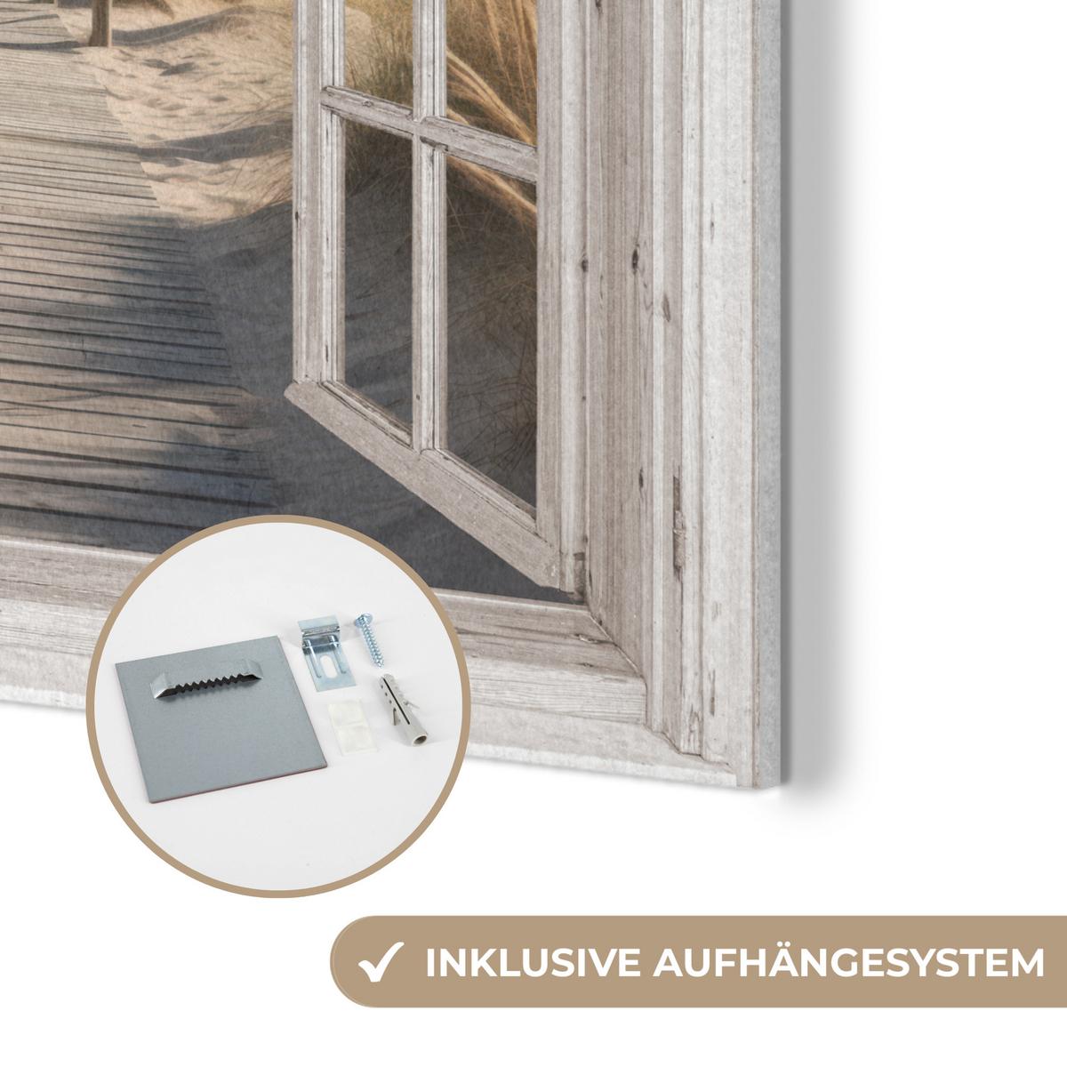 AKUSTIKBILD Fenster - Meer - Küste - Natur - Ausblick - Strand - Wattenmeer Akustikpaneele 80x80 cm - Beige, Kunststoff (80/80/0.9cm) - MuchoWow