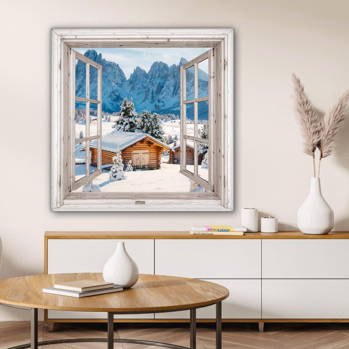 LEINWANDBILD Winterlandschaft - Hütte - Berge - Ausblicke - Aussicht - Natur Deko Groß 90x90 cm - Weiß Hochglanz, Textil (90/90cm) - MuchoWow