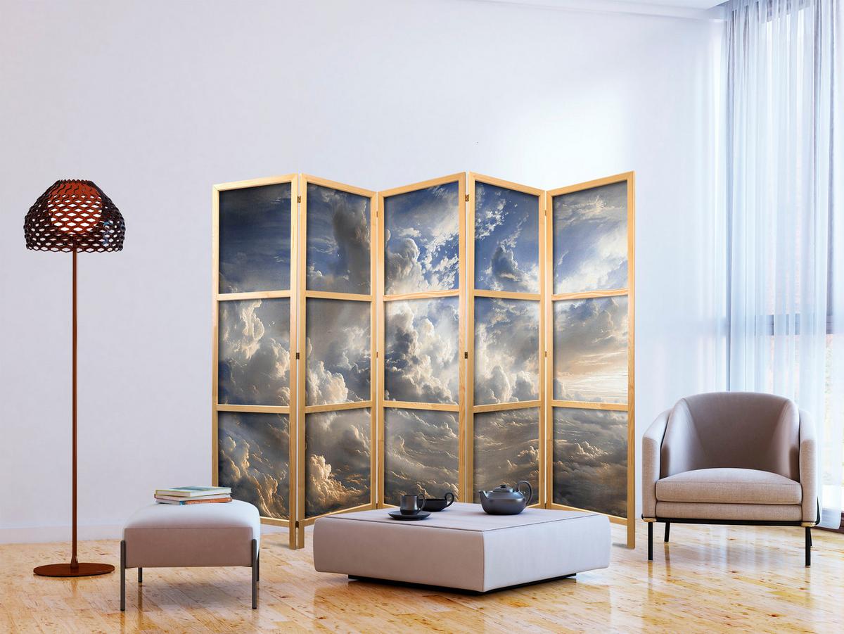 PARAVENT Japanischer 5-tlg 225x172 cm Wolken 3D Effekt - Blau, Holz/Textil (225/172/3cm) - Muralo