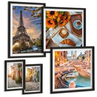 BILDER SET 5er Set - 50x50 cm & 20x30 cm & 40x60 cm Schwarzer Rahmen - Charmante Straßen mit Kaffee - Schwarz, Kunststoff (40/60cm) - TULUP