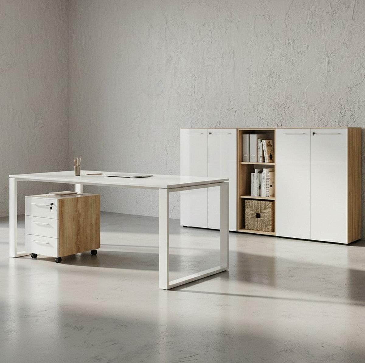 BÜRO-SET MUENCHEN 5-teilig | Glasfront Abschließbar | Schreibtisch, Container, 2 Schränke, Regal | Chalet-Eiche-Nb./Weiß - Weiß/Braun, Holzwerkstoff/Metall (415/120/80cm) - KADIMA DESIGN