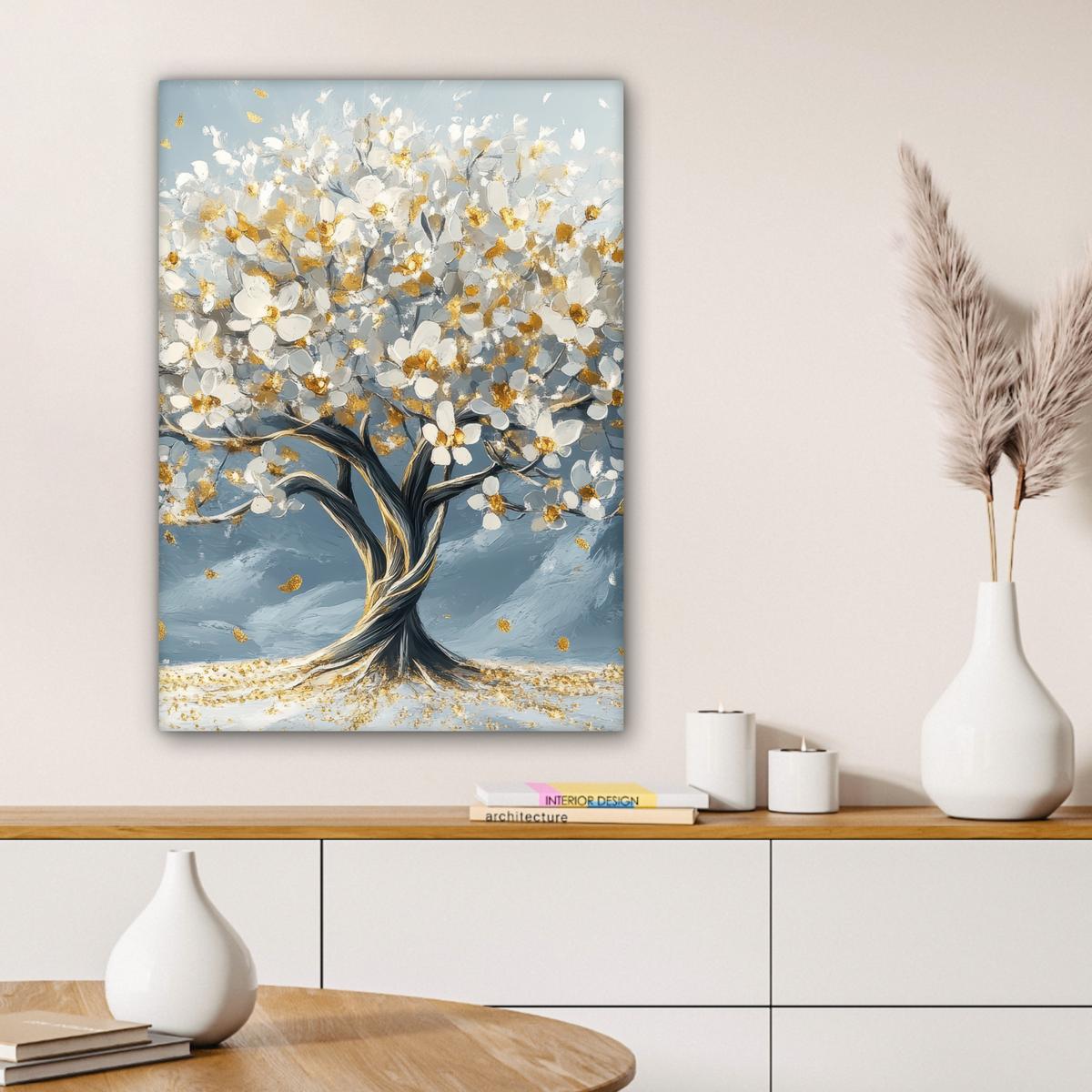 LEINWANDBILD Baum - Winter - Baum des Lebens - Modern - Gold Wandbild Wohnzimmer 60x80 cm - Goldfarben, Textil (60/80cm) - MuchoWow