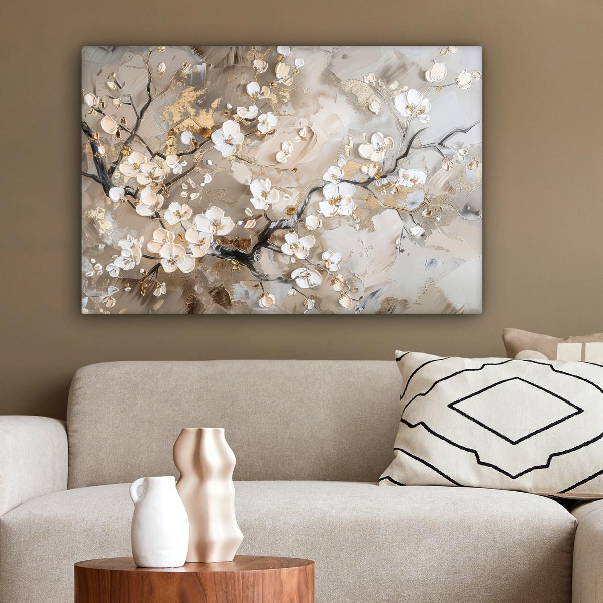 LEINWANDBILD Blumen - Weiß - Gold - Beige - Luxus Gemälde 60x40 cm - Greige, Textil (60/40cm) - MuchoWow