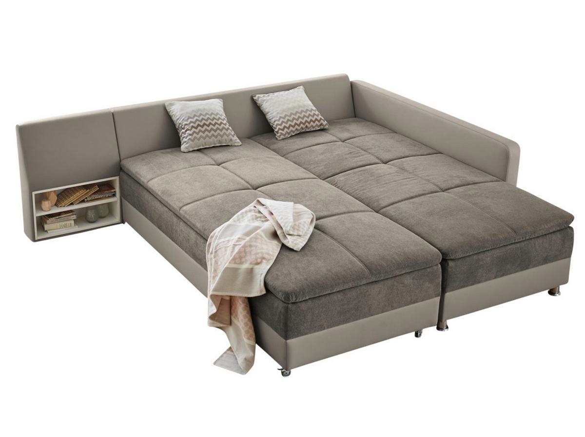 ECKSOFA-DAUERSCHLÄFER Doppelbett Boxspring Federkern Topper, Schwenkteil links B306/T223/H95 cm, Kunstleder Beige+Mikrofaser Graubraun / 15101 - Chromfarben/Graubraun, Kunststoff/Textil (306/223cm) - luma-home