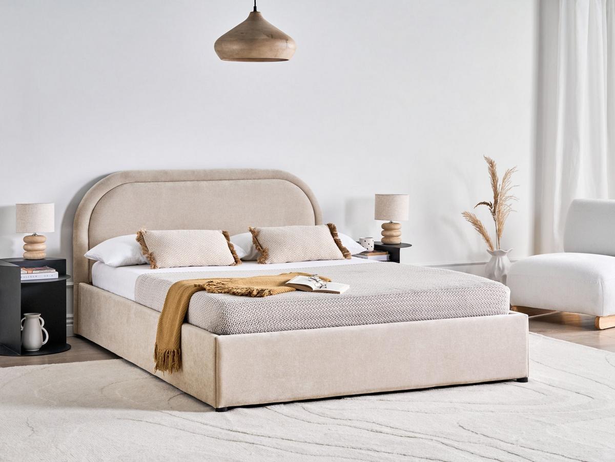 BETT mit Stauraum 140/200 Chenillegewebe Hellbeige Quillien - Beige, Textil (140/200cm) - Beliani