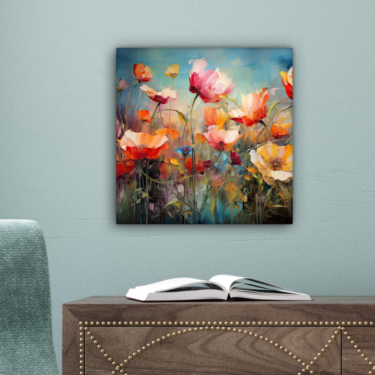 LEINWANDBILD Blumen - Aquarell - Kunst - Botanisch - Natur Deko Wohnzimmer 20x20 cm - Orange, Textil (20/20cm) - MuchoWow