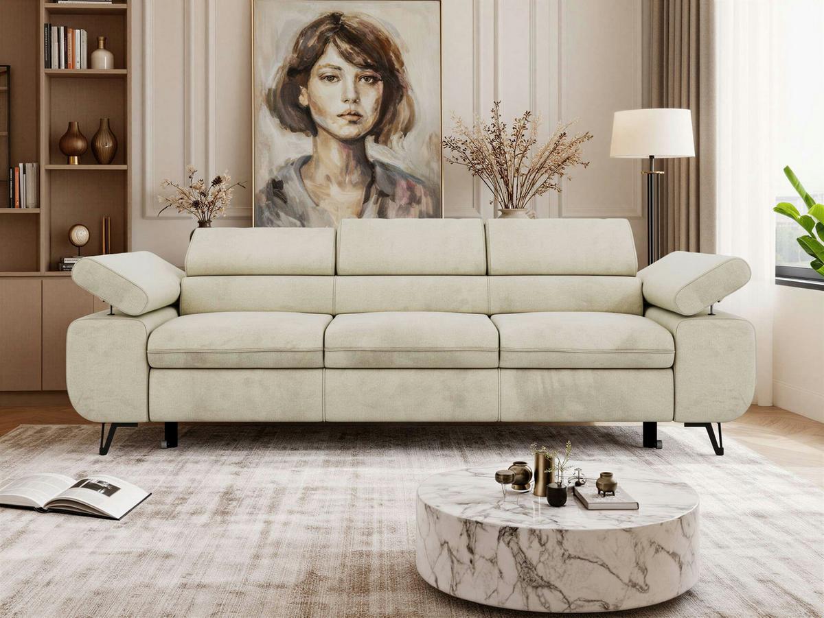 3-SITZER SOFA PETER mit Schlaffunktion - Beige Velvet - Beige/Schwarz, Textil/Metall (262/76/99cm) - MKS