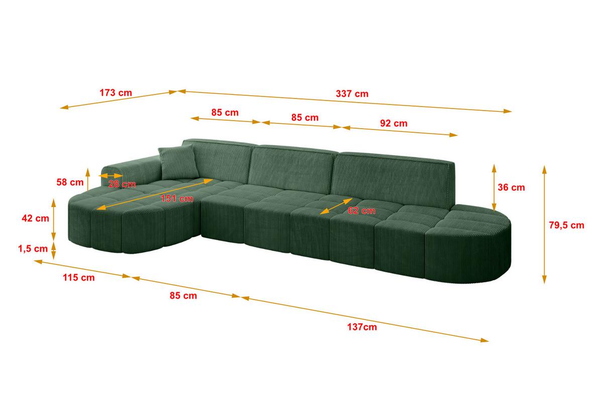 ECKSOFA Ottomane Links LIVO-L2 - 337x173x79,5 cm Grün - Grün, Holzwerkstoff/Textil (337/173cm) - ALTDECOR