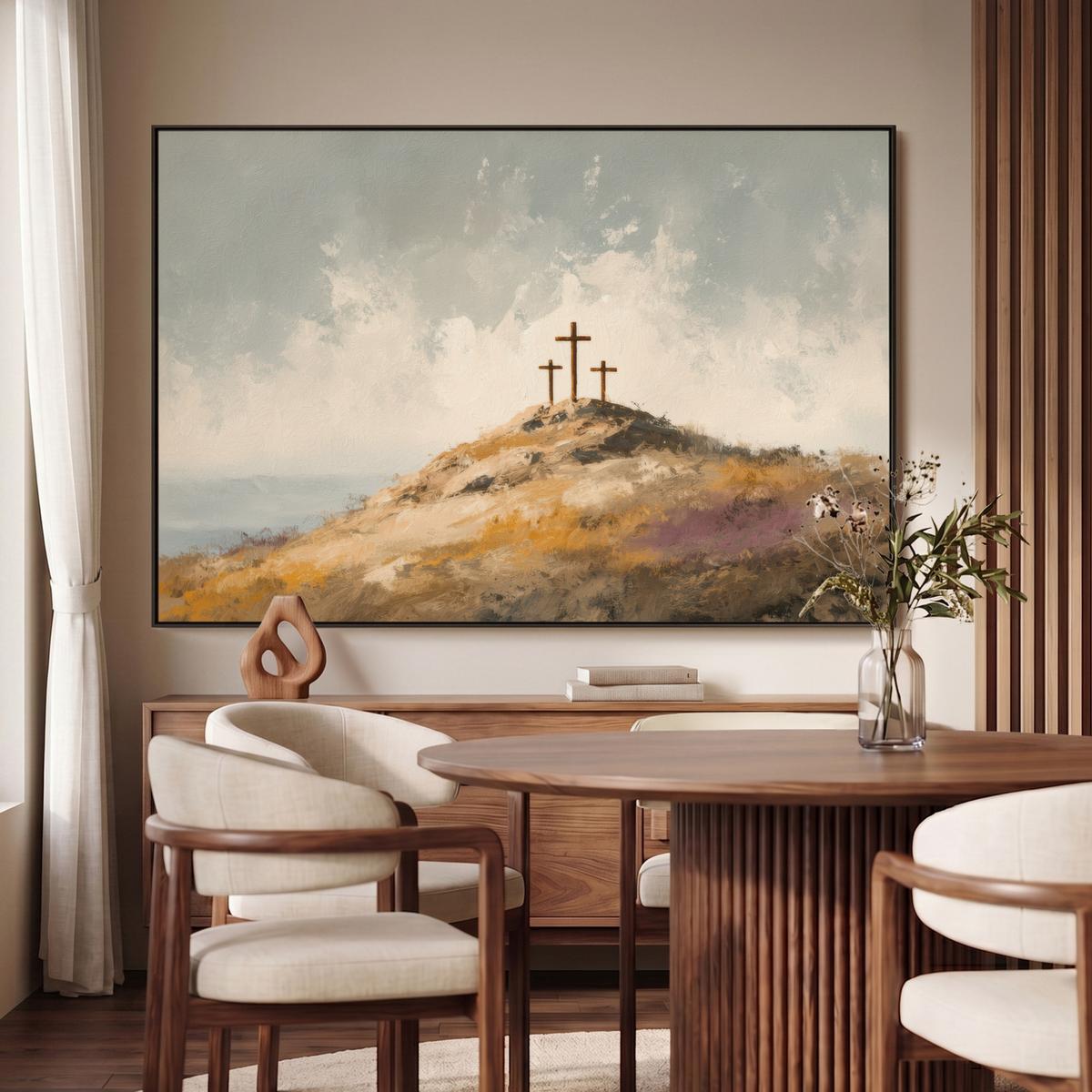 LEINWAND Bilder mit Rahmen - Hügel - Abstrakt - Christentum - Kreuz - 150x100 - Hellgrau, Textil (150/100cm) - MuchoWow
