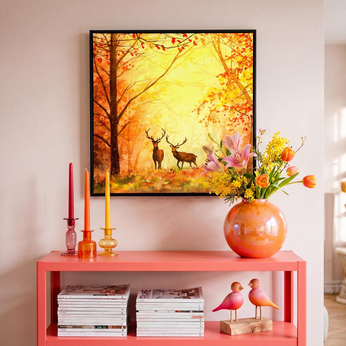 LEINWAND Bilder mit Rahmen - Natur - Ölfarbe - Hirsche - Tiere - Herbst - Orange - 50x50 - Orange, Textil (50/50cm) - MuchoWow