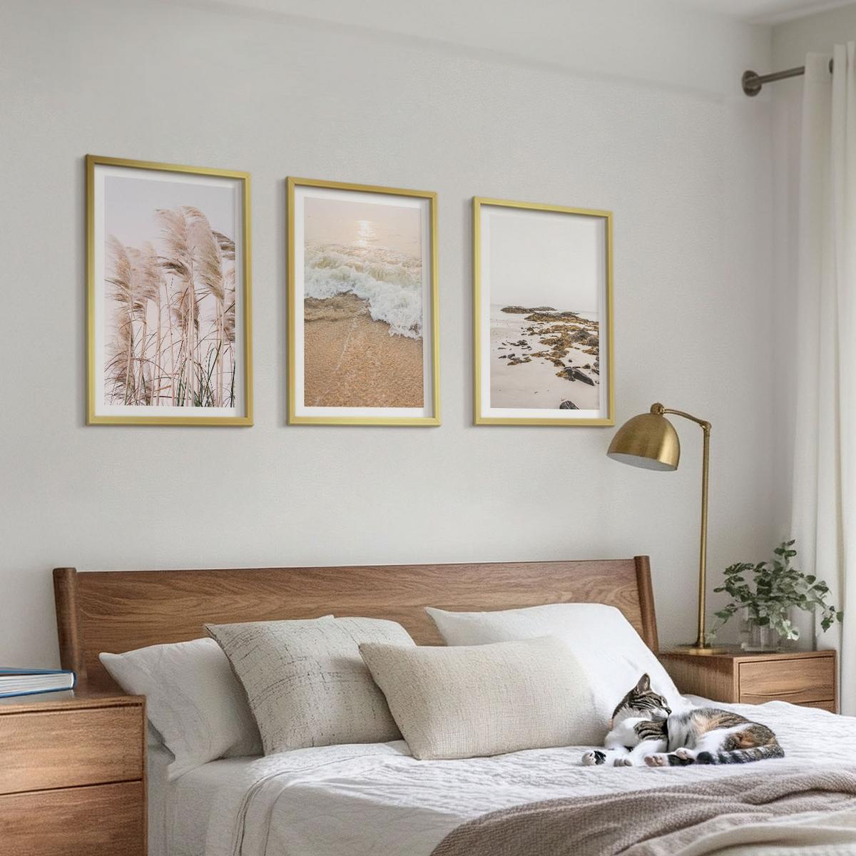 BILDER SET 3er Set - 40x60 cm Goldrahmen - Strandgras, Wellen, Steine, Boho-Stil - Goldfarben, Kunststoff (40/60cm) - TULUP
