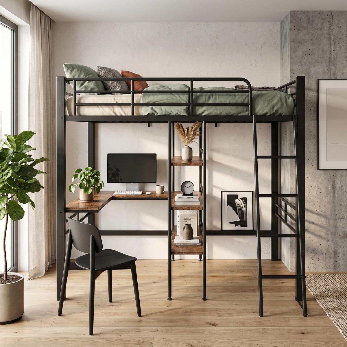 HOCHBETT metall schwarz 90x200cm mit schreibtisch regal - Schwarz, Metall (90/200cm) - Urban Meuble