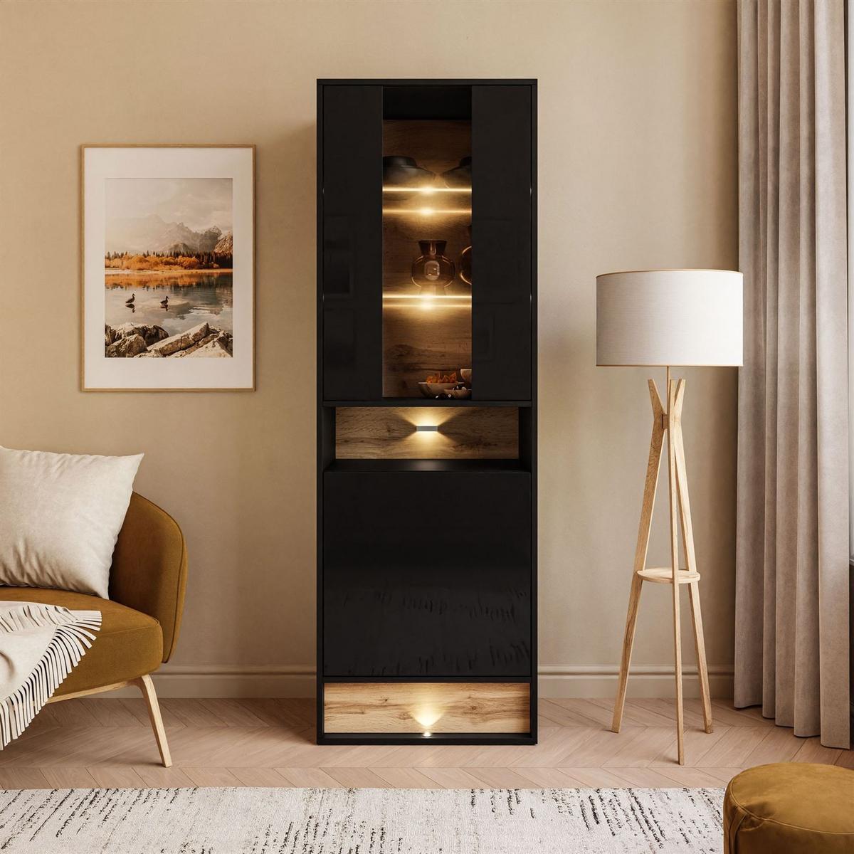VITRINE VILLA II mit Wotan Eicheneinsatz - Eiche Wotan/Schwarz, Holzwerkstoff (60/180/40cm) - Lookway