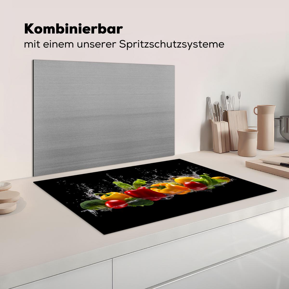 HERDABDECKPLATTE Paprika - Wasser - Gemüse - Schwarz Ceranfeldabdeckung 80x52 cm - Multicolor, Kunststoff (80/52/0.2cm) - MuchoWow