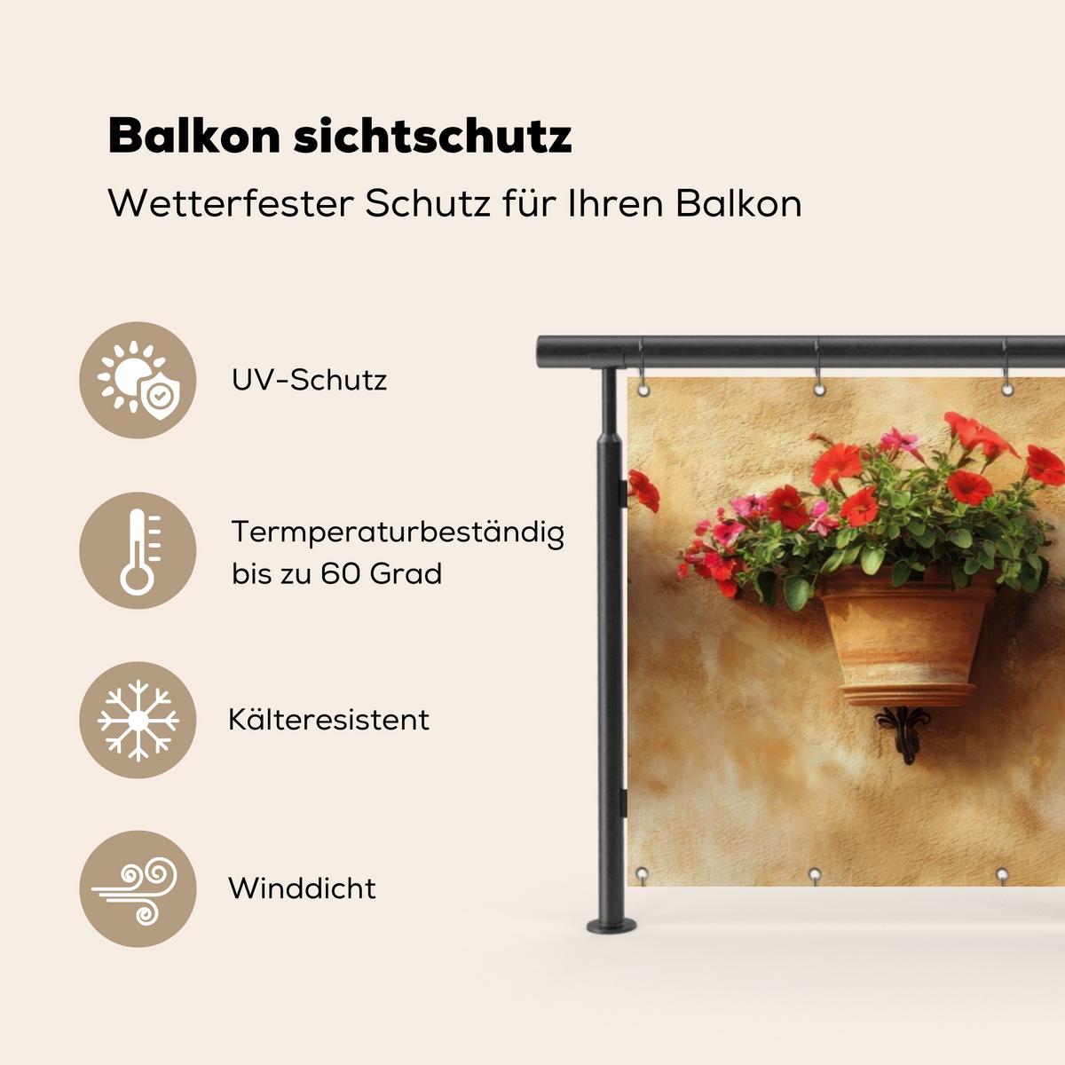 BALKON-SICHTSCHUTZ Blumentöpfe - Wand - Vintage Windschutz 300x90 cm - Terracotta, Kunststoff (300/90cm) - MuchoWow