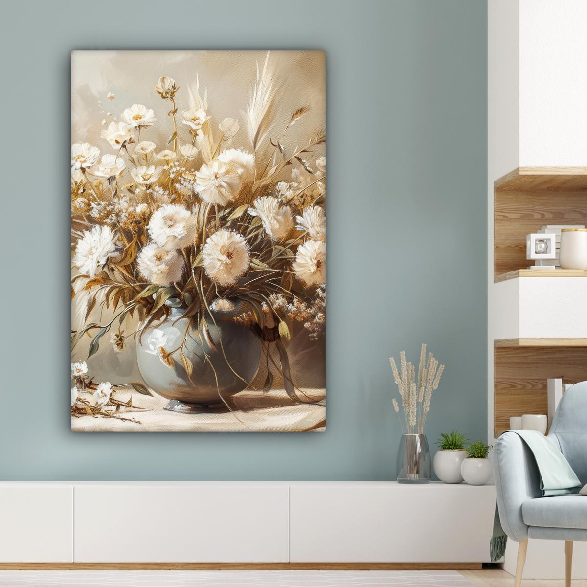 LEINWANDBILD Blumen - Vase - Stilleben - Beige Deko XXL 80x120 cm - Creme, Textil (80/120cm) - MuchoWow