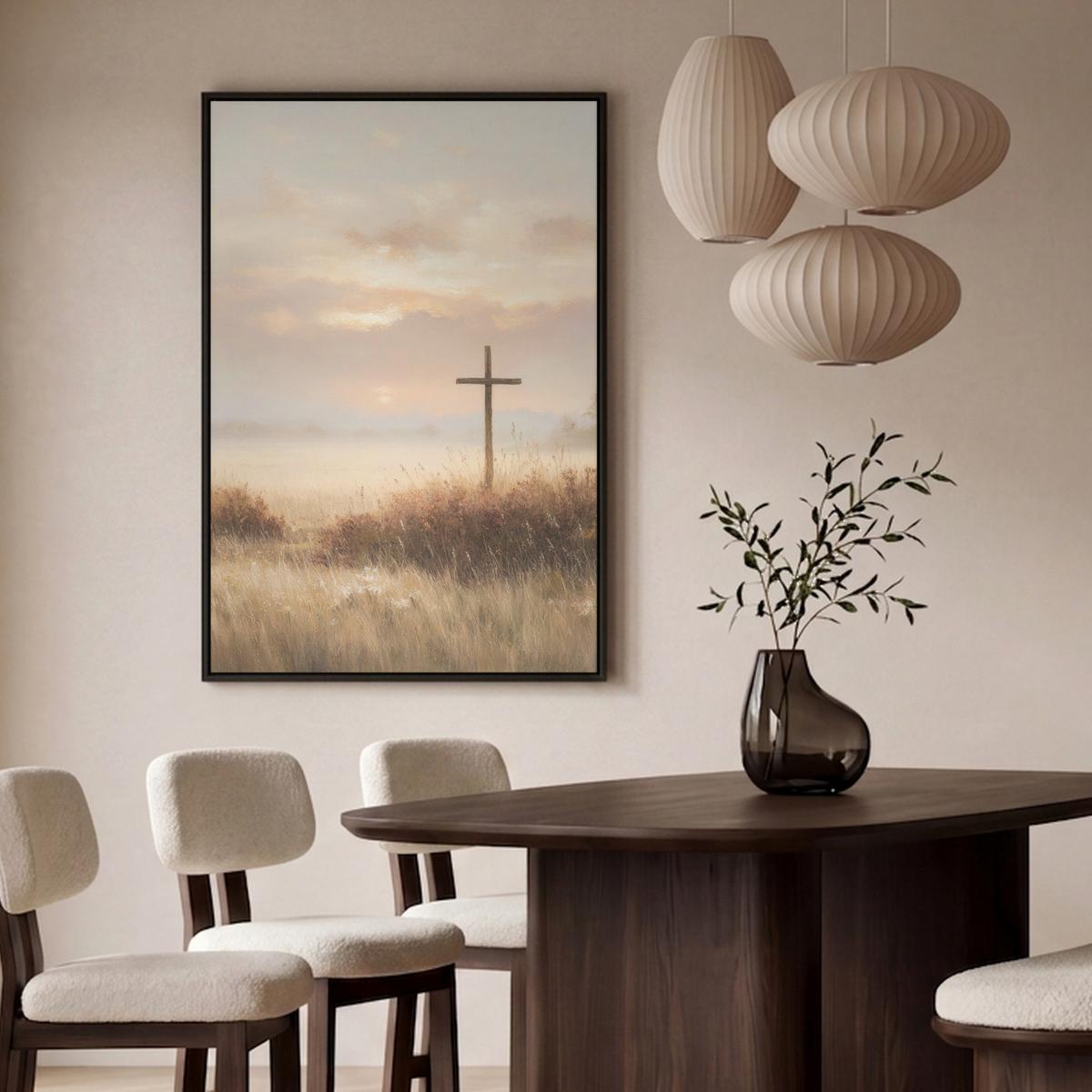 LEINWAND Bilder mit Rahmen - Gras - Morgennebel - Kreuz - Christentum - 80x120 - Beige, Textil (80/120cm) - MuchoWow