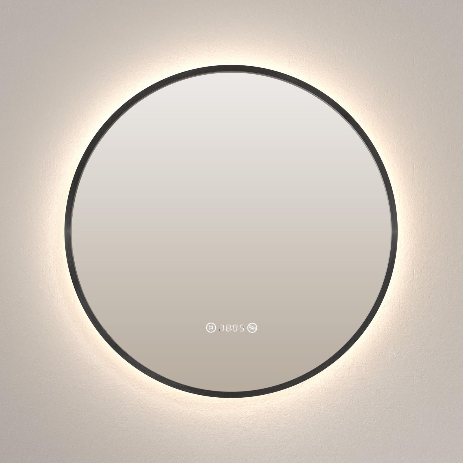 BADSPIEGEL mit LED-Beleuchtung Anti-Beschlag Zeitanzeige Schwarz Ø 70 cm - Schwarz, Glas (70/70/3cm) - EMKE