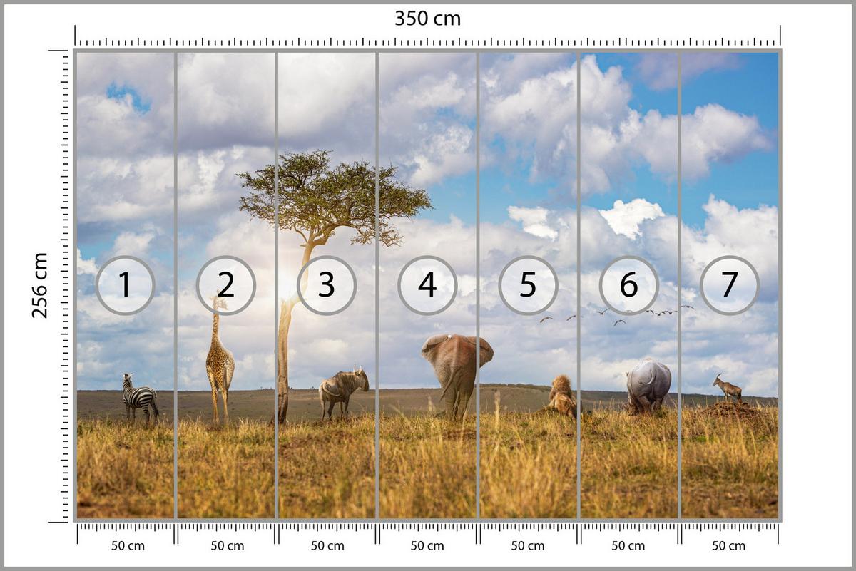 FOTOTAPETE für Kinderzimmer Safari Tiere Elefant Giraffe Löwe 350x256 - Beige/Braun, Papier (350/256cm) - Muralo