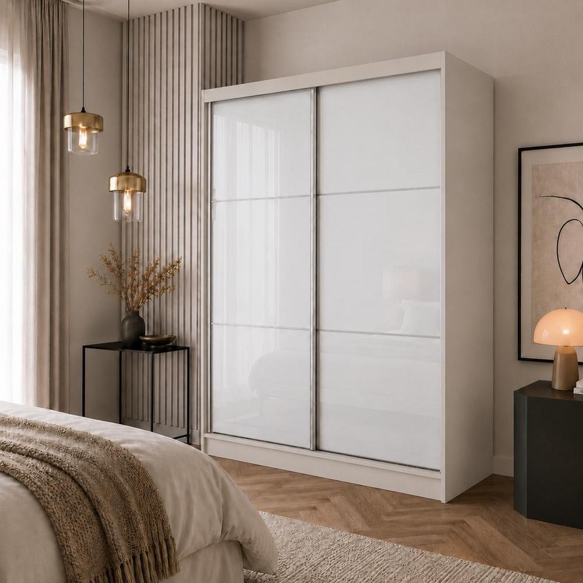 SCHWEBETÜRENSCHRANK Viva 160/216/61 Kaschmir mit Lacobel-Glas - Kaschmir, Holzwerkstoff (160/216/61cm) - Beautysofa