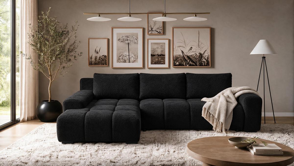 ECKSOFA Ovia mit Bettkasten und Schlaffunktion, Bouclé-Stoff in L-Form - Schwarz, Textil (270/185cm)