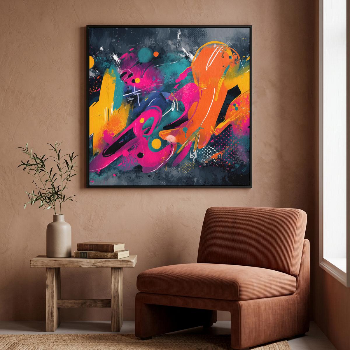 LEINWAND Bilder mit Rahmen - Abstrakt - Graffiti - Farbenfroh - Farbspritzer - 90x90 - Multicolor, Textil (90/90cm) - MuchoWow
