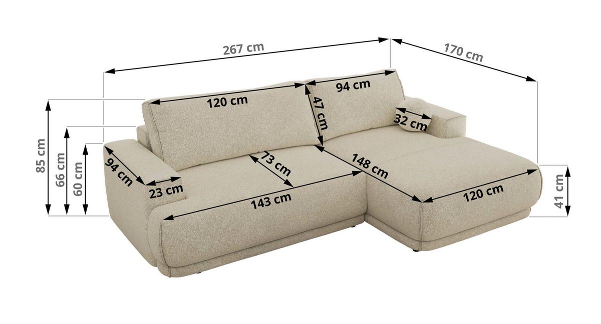 ECKSCHLAFSOFA RINA L Creme Strukture - links - Creme/Schwarz, Kunststoff/Textil (267/170cm) - MKS