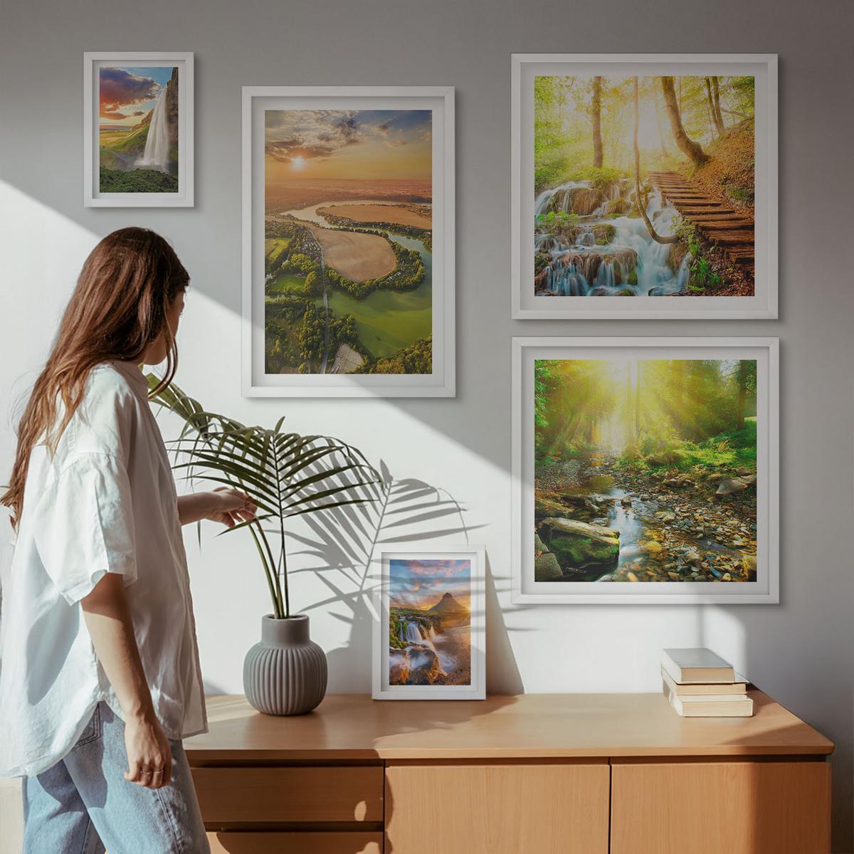 BILDER SET 5er Set - 50x50 cm & 20x30 cm & 40x60 cm Weißer Rahmen - Orange Mountain Wasserfall - Weiß, Kunststoff (40/60cm) - TULUP