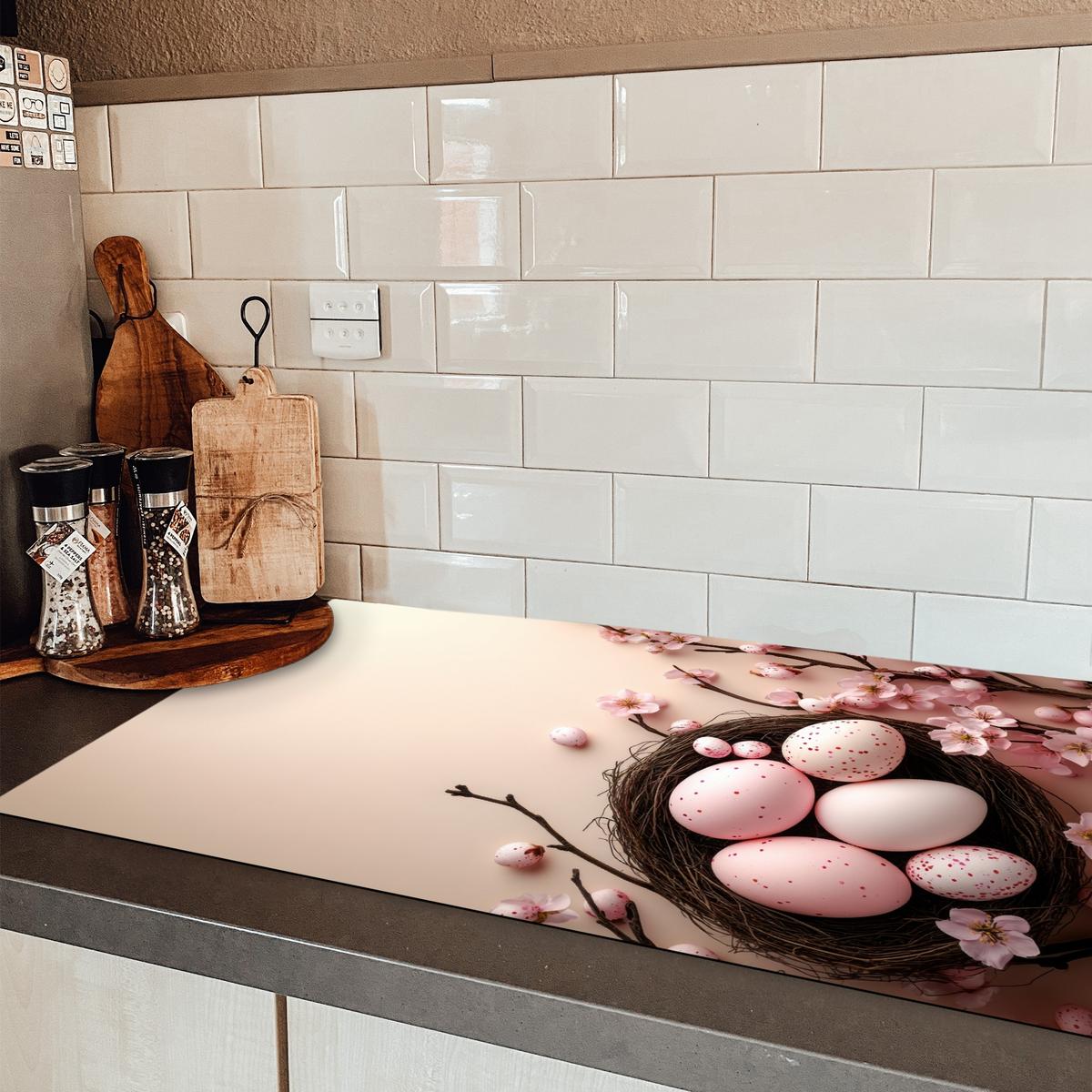 HERDABDECKPLATTE Rosa - Blüten - Eier Induktionsschutz 91.6x52.7 cm - Hellrosa, Kunststoff (91.6/52.7/0.2cm) - MuchoWow