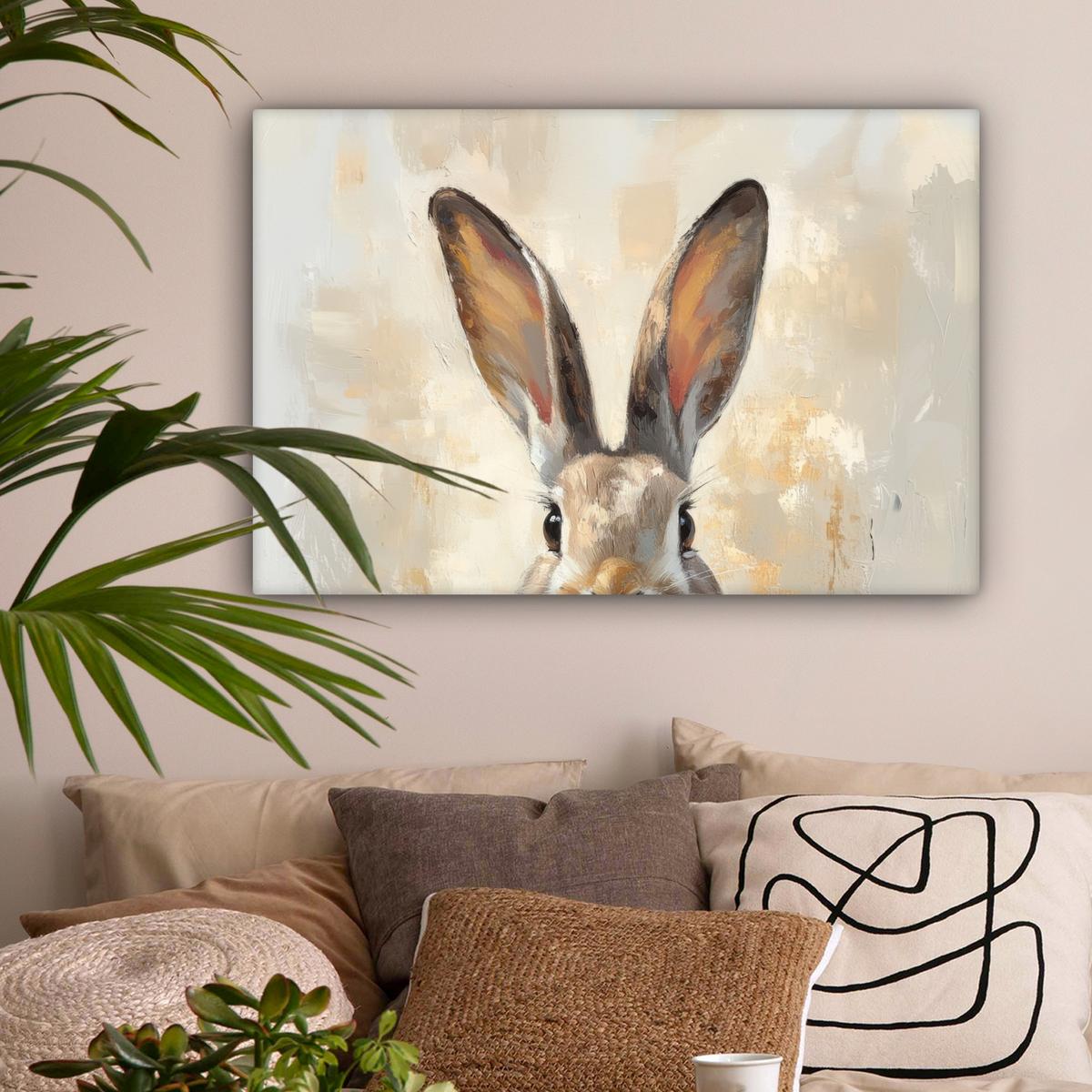 LEINWANDBILD Hase - Ohren - Braun Gemälde 60x40 cm - Beige, Textil (60/40cm) - MuchoWow