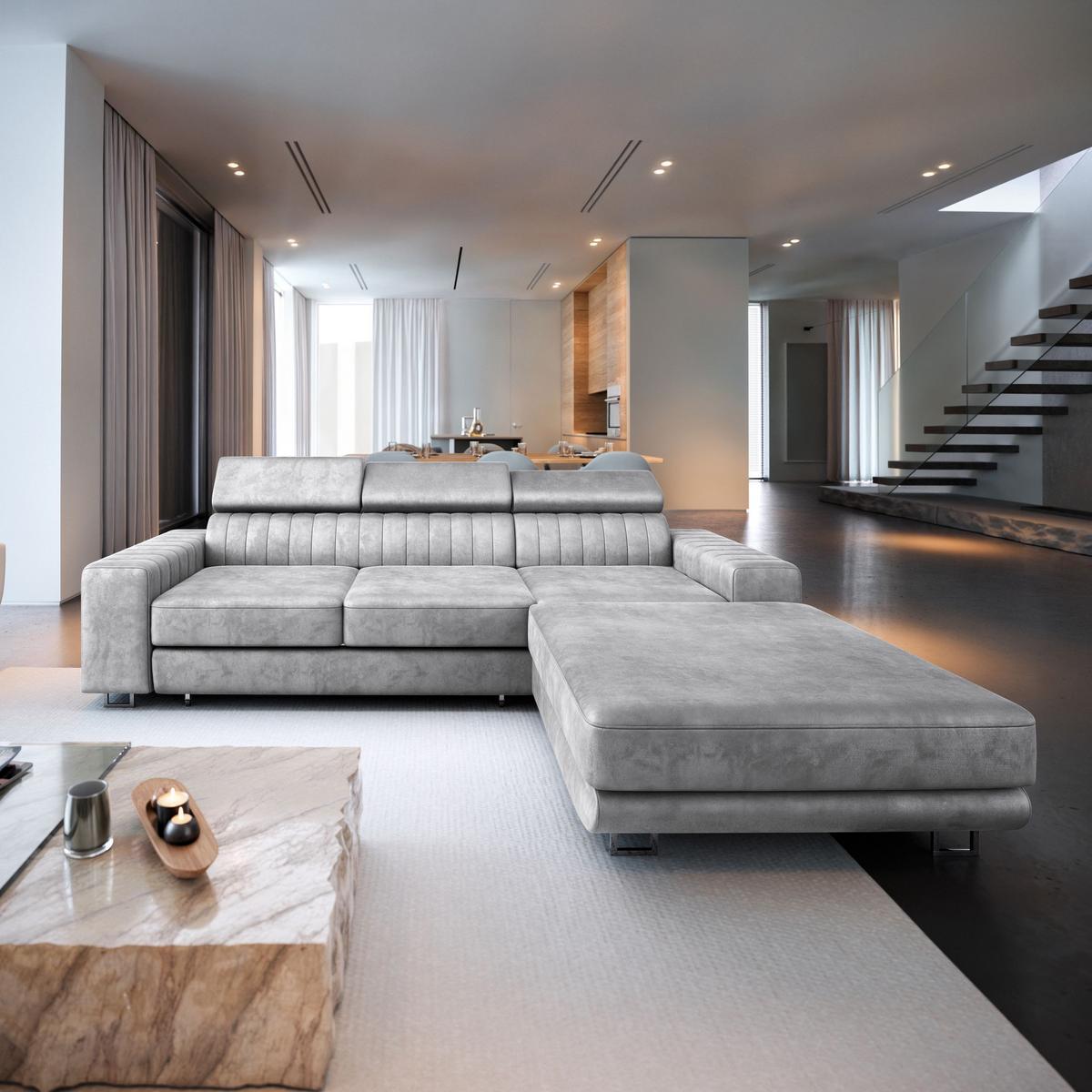 ECKSOFA NOTO L-S Hellgrau Velours-Stoff mit Schlaffunktion - Silberfarben/Hellgrau, Holz/Textil (267/190cm) - MASSENO