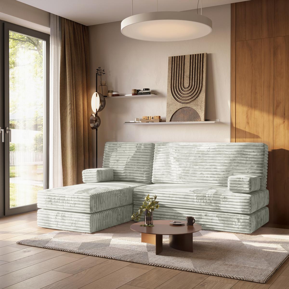 ECKSOFA NOTIA modulares Boneless Sofa mit Schlaffunktion Hellgrau Kordstoff - Hellgrau, Textil (200/120cm) - MASSENO