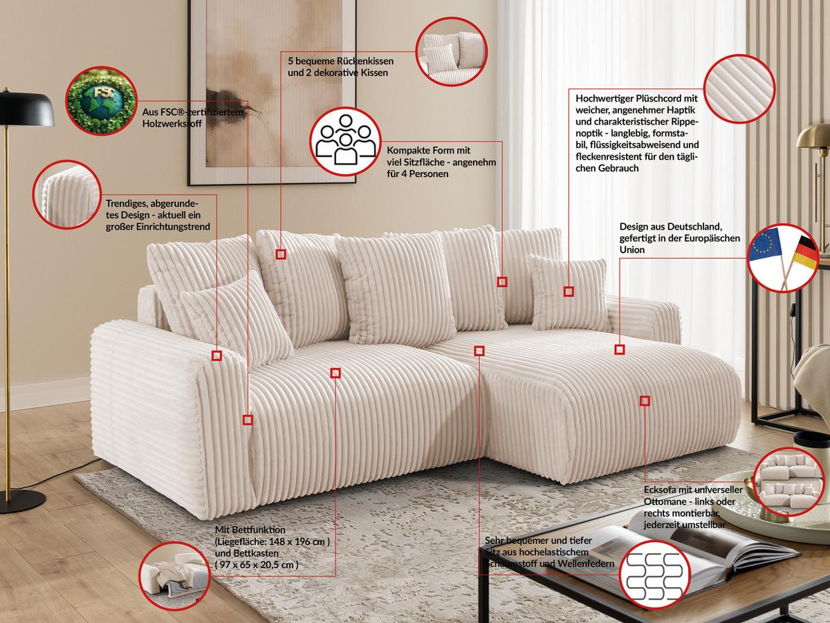 ECKSOFA Calma mit Schlaffunktion und Bettkasten im Bumpy-Design aus weichem Beige Plüschcord - Ottomane rechts - Beige/Schwarz, Holz/Kunststoff (140/239cm) - S-Style