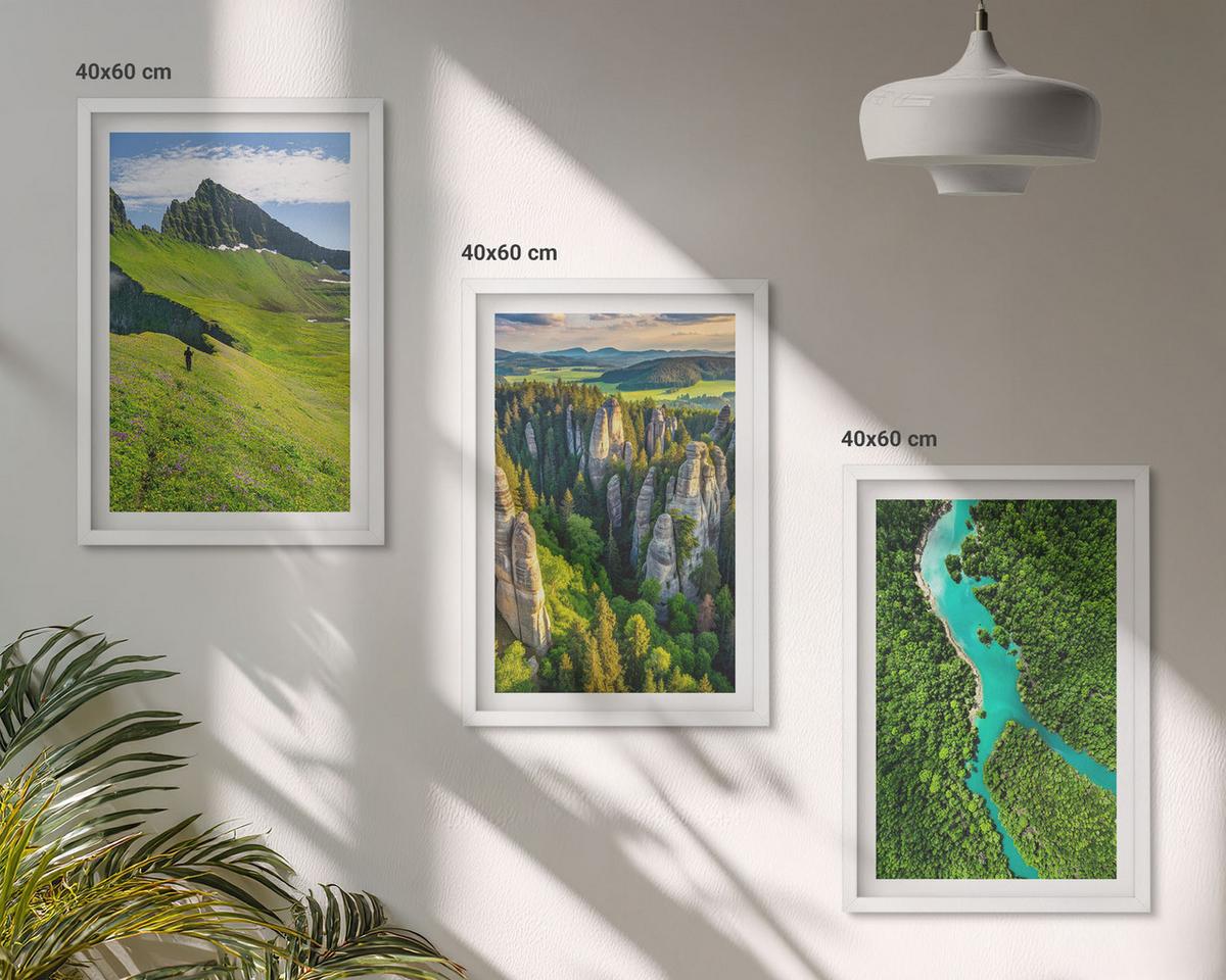 BILDER SET 3er Set - 40x60 cm Weißer Rahmen - Grüne Berge, Flussfelsen - Weiß, Kunststoff (40/60cm) - TULUP