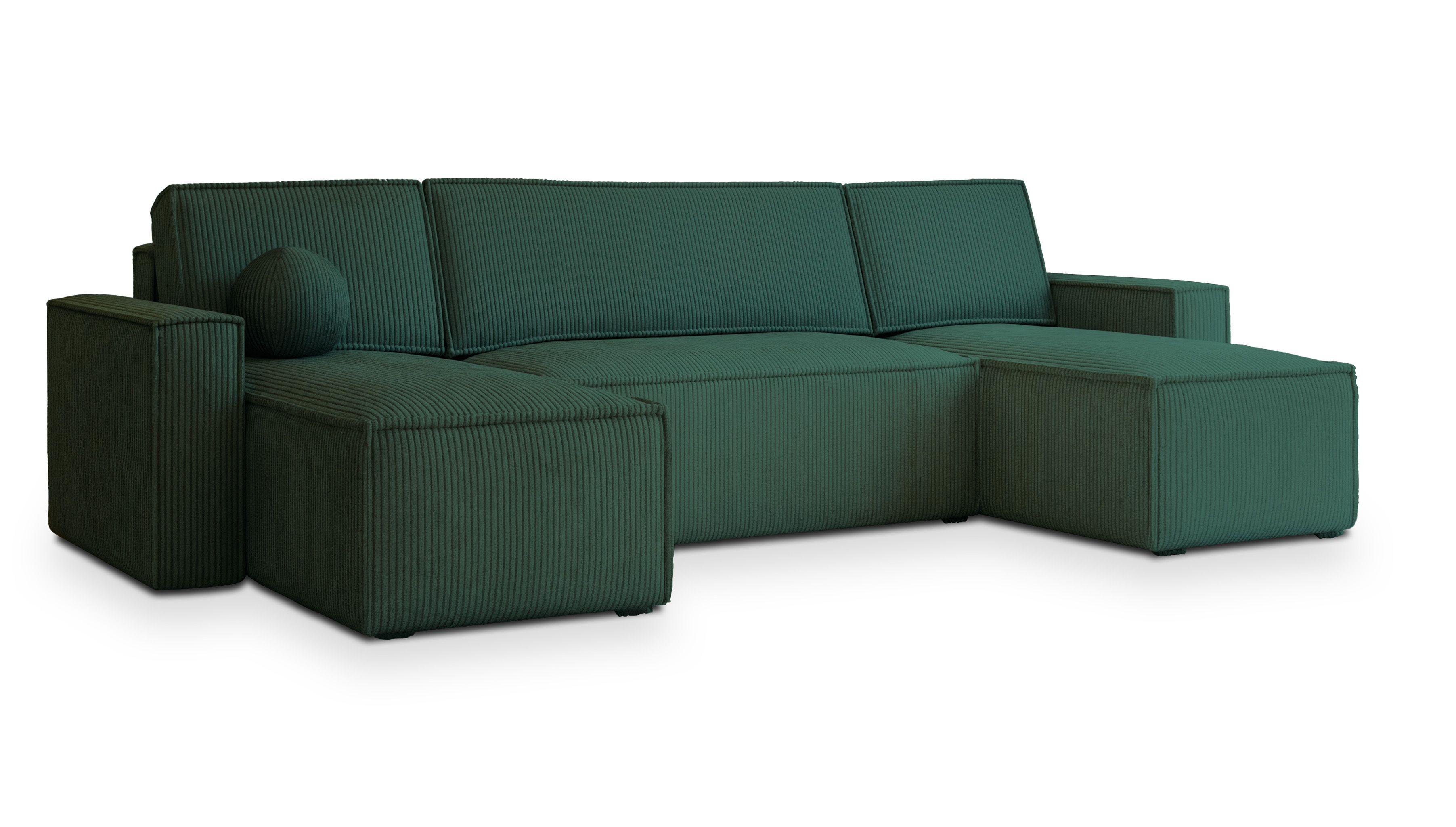 WOHNLANDSCHAFT PESANO P Grün Kordstoff mit Schlaffunktion - Grau/Grün, Holz/Kunststoff (306/85/140cm) - MASSENO