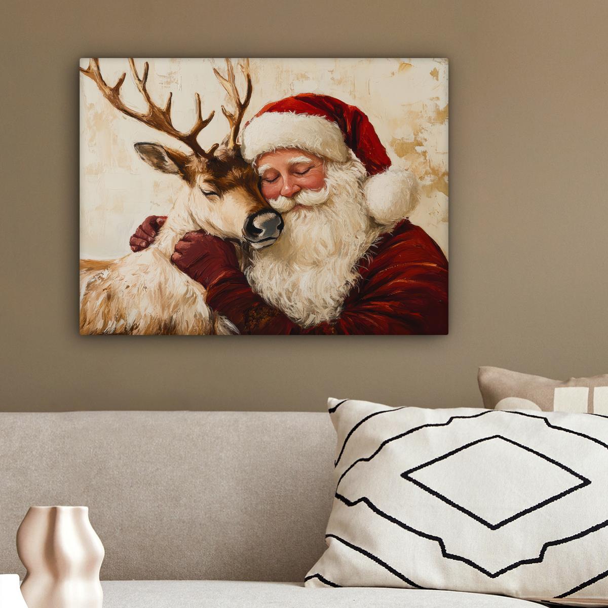 LEINWANDBILD Weihnachtsmann - Rentier - Weihnachten Wandbild 40x30 cm - Rotbraun, Textil (40/30cm) - MuchoWow